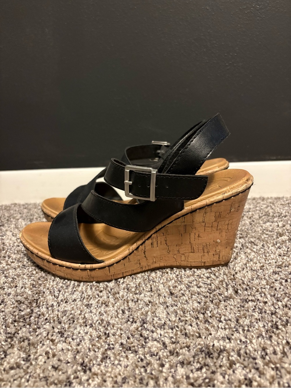 boc Black Cork Wedge Sandals with Cross-Strap and Buckle